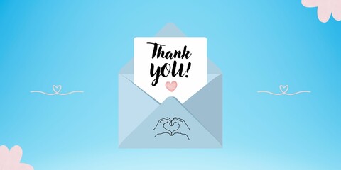 Letter in a Envelope With Thank You on Pastel Blue Background. Thank You Icon Vector. Send to Email Card. Appreciation, Gratitude, Symbol, Lettering Vector, Message. Hands Forming a Heart. Thanks 