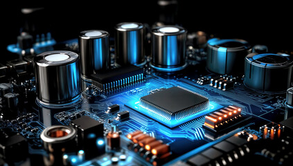 A close-up displays a modern circuit board featuring various metallic components and a central microchip illuminated by soft blue light. The intricate design showcases advanced technology.