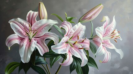 Fototapeta premium Pink Lily Bouquet on a Gray Background