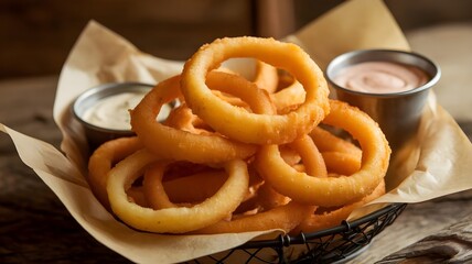 Golden, crispy onion rings, served with flavorful dipping sauces. A classic appetizer or side dish.