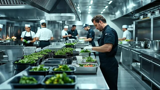 A wide shot of a bustling professional kitchen, with chefs working in sync and plating elaborate gourmet dishes.