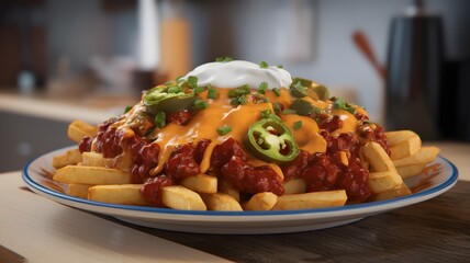 Loaded Chili Cheese Fries: Crispy fries smothered in savory chili, melted cheese, cool sour cream, and spicy jalape&ntilde;os for the perfect comfort food indulgence.