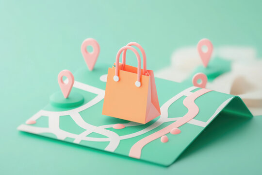 Elegant illustration of a delivery route map featuring a grocery bag icon and location pins in a clean design
- Powered by Adobe