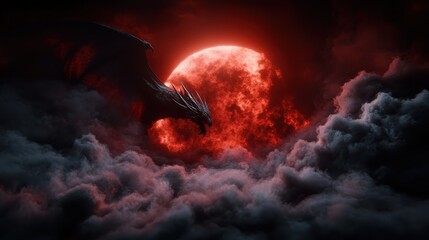 The fierce roar of a dragon echoes through dark clouds illuminated by a large, blood-red moon, capturing the essence of fantasy and primal strength in an emotional scene.