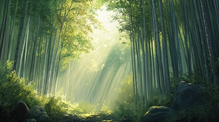 Obraz premium The sunlit bamboo forest with rays of light streaming through