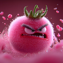 Furious pink tomato with sharp teeth, bushy eyebrows, and vibrant textures. Concept art for animated fruit character.