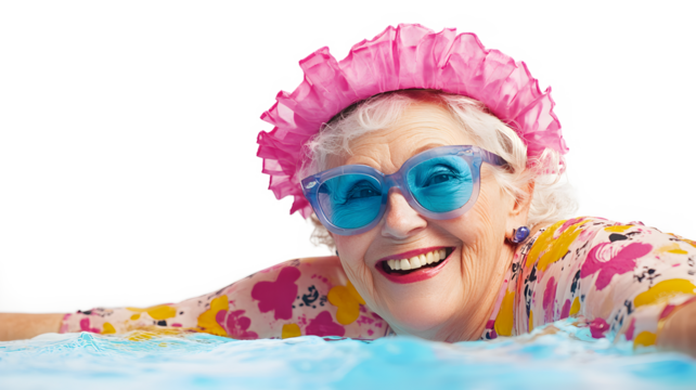 A woman in a pink hat and glasses is smiling while swimming in a pool. Concept of joy and relaxation, as the woman is enjoying her time in the water