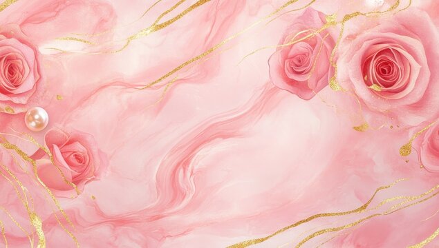 Delicate pink rose and pearl design with gold accents.  A gentle, flowing abstract background featuring pink roses, pearls, and gold marbling