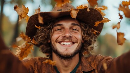 A smiling man in a cowboy hat is captured amidst falling autumn leaves. His warm smile and relaxed posture reflect the beauty and joy of nature in a tranquil setting.