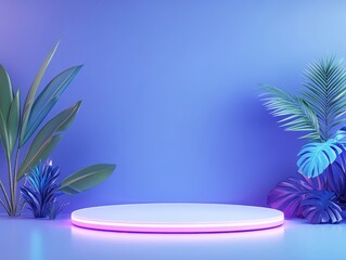 Obraz premium Vibrant display stage with lush tropical plants against a blue backdrop