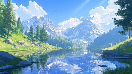 Fototapeta premium A scenic view of mountains and a reflective lake surface