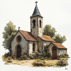 Fototapeta premium concept art sheet of small medieval church in watercolor from different angles 
