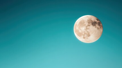 A captivating view of a full moon against a gentle horizon, set in a clear blue sky, exuding feelings of solitude, tranquility, and the beauty of the natural world.