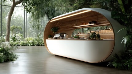 This image displays a sleek outdoor cafe kiosk featuring wooden shelving, demonstrating a stylish blend of modern design and natural materials for an inviting ambiance.