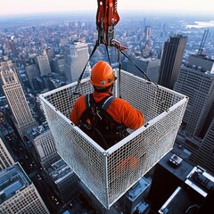 construction worker inside white rescue cage hoisted over cityscape
