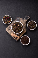 Dry green tea with soursop piece, knapweed petals in bowl