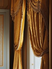Gold curtains, elegant room, sunlight, interior design, home decor