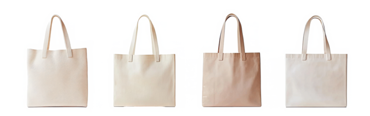 The beige canvas tote bag, which is plain in design and has handles, is a versatile bag suitable for shopping, groceries, and daily use, presented on a transparent background as a png file