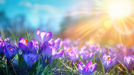 Springtime Crocus Field Bathed in Golden Sunlight