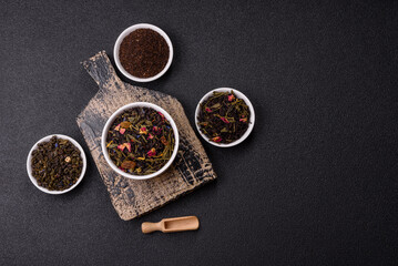 Dry tea mix blend black, green and flower petals in bowl