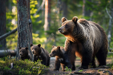 Fototapeta premium Grizzly bear in forest with bear cubs. Bearish, predator, beast and wildlife, kodiak, animal and nature