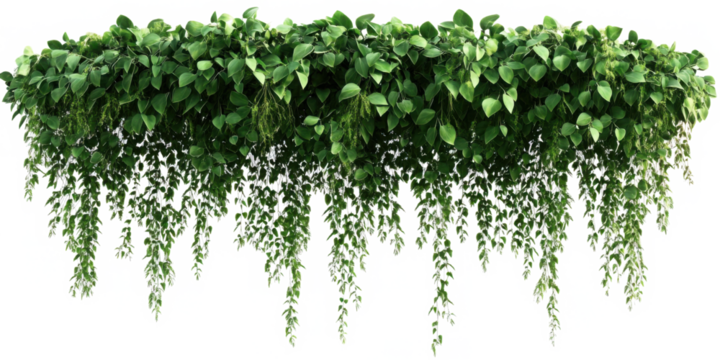 Lush cascading greenery and hanging vines (Philodendron, Pothos, Fern, Ivy, Creeping Fig, String of Pearls). PNG, isolated on transparent background with clipping path cutout.
