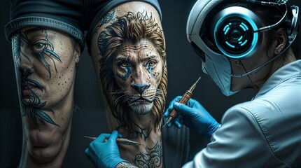 Futuristic Robot Tattoo Artist Designing Intricate Tattoo on Human Arm in High-Tech Studio , AI Robotic Tattoo Artist, Modern Tech 