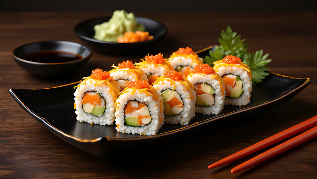 Kamchatka crab dishes: delicious rolls with crab meat and tobiko caviar for true sushi lovers