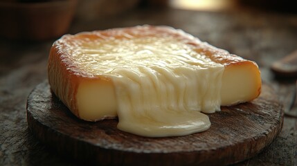 Melted cheese on wooden board