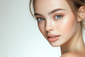 Fototapeta premium Beautiful close-up of a young woman's face on a light background