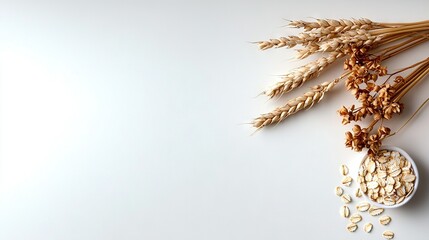   A bowl of oatmeal sits on a white surface surrounded by oat stalks