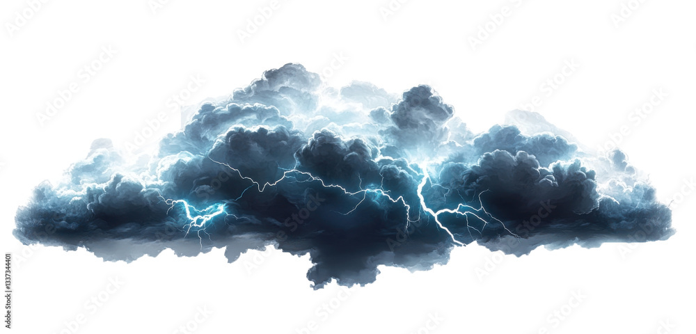 Wall mural dark storm clouds with lightning isolated on white and lightning, isolated on transparent background