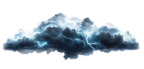 Dark storm clouds with lightning isolated on white and Lightning, Isolated on transparent background 

