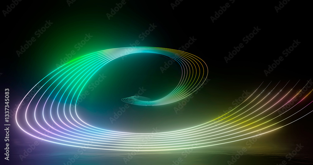 Poster 3d rendering, abstract panoramic background with neon light. laser show, pulses, equalizer, spectrum