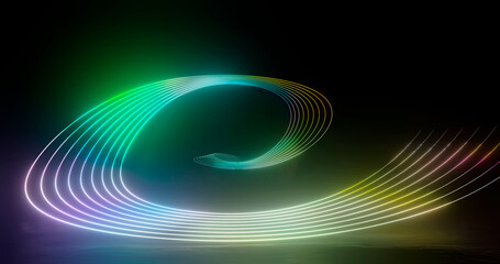3D rendering, abstract panoramic background with neon light. Laser show, pulses, equalizer, spectrum and energy pulsating lines.