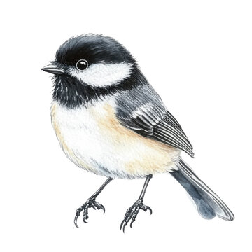great tit, detailed watercolor black capped chickadee birds wildlife painting realistic nature illustration for prints 

