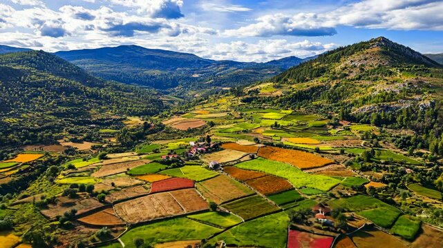 Vibrant patchwork of fields and hills under a blue sky in rural landscape