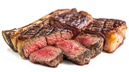 Fototapeta premium A piece of meat is cut into slices and is sitting on a white plate. The meat is cooked and has a brown color