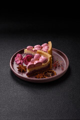 Sweet cheesecake with berry flavor, decorated with pink hearts