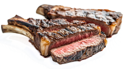 A steak is cut in half and is sitting on a white plate. The steak is cooked and has a nice sear