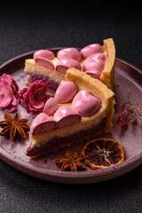 Sweet cheesecake with berry flavor, decorated with pink hearts