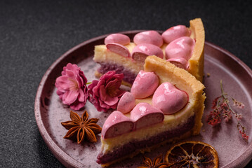 Sweet cheesecake with berry flavor, decorated with pink hearts
