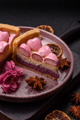 Sweet cheesecake with berry flavor, decorated with pink hearts