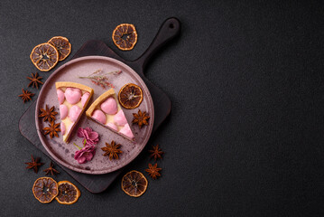 Sweet cheesecake with berry flavor, decorated with pink hearts
