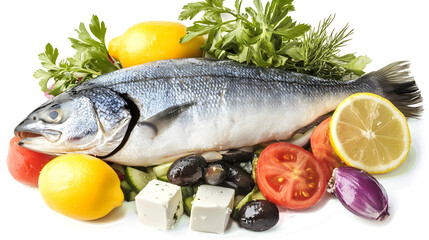 A fish is on a plate with vegetables and fruit. The fish is surrounded by tomatoes, cucumbers, and onions. The plate is white and the fish is the main focus of the image