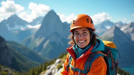 Photo of a cheerful climber, mid-twenties, with a fit and toned athletic build, wearing a vibrant orange helmet, brightly colored climbing gear, and a warm, layered fleece jacket, posing triumphantly 