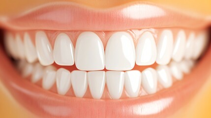 Obraz premium Bright smile showcasing perfect teeth, close-up of dental aesthetics with gleaming white enamel and healthy gums, inviting for dental promotions.