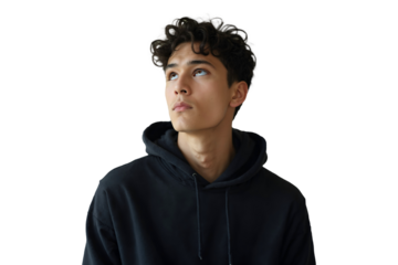Handsome man wearing black hoodie and looking up, isolated on transparent background