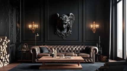 Dark luxury living room, leather sofa, classical sculpture, fireplace, interior design