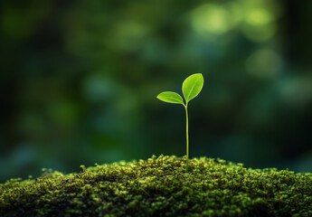 Close up Young plant growing over green background 
